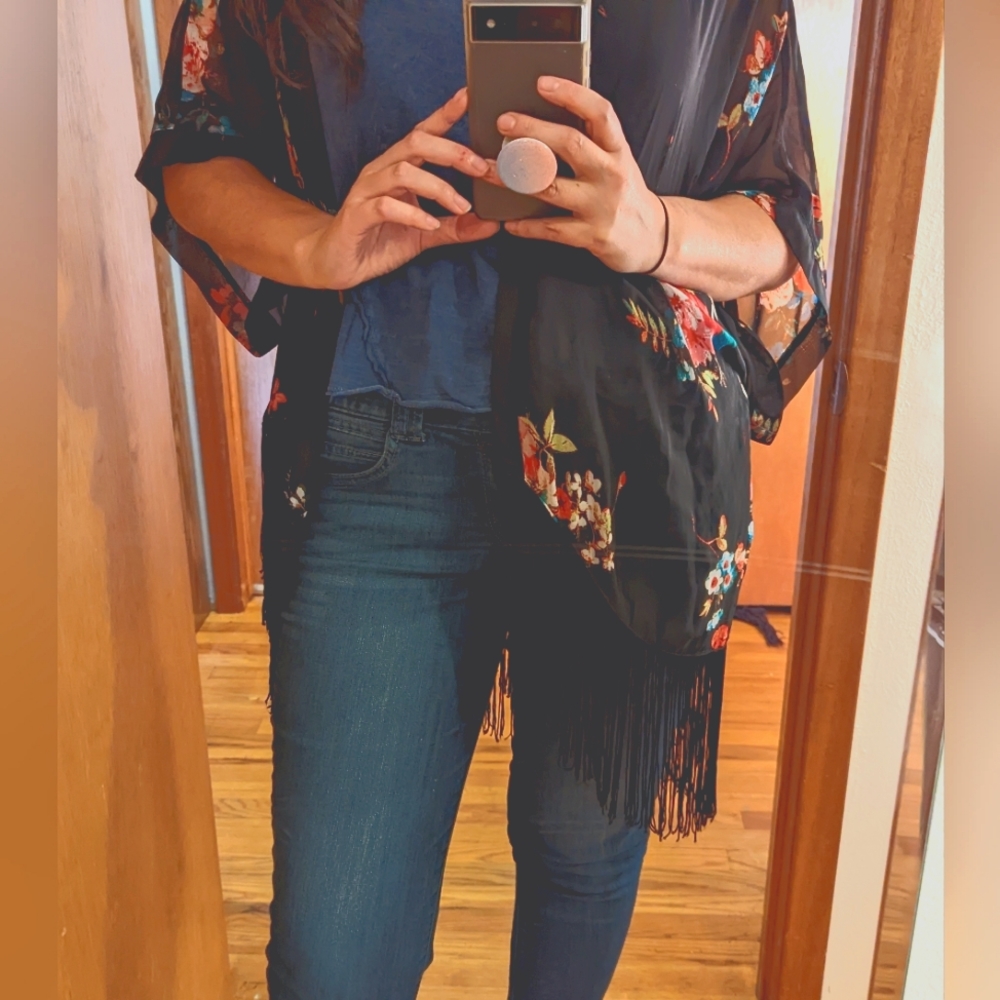 Black sheer floral fringe kimono